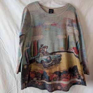 Inoah Dogs Cruising Artistic Blouse 3/4 Sleeve Green Top. USA Made
